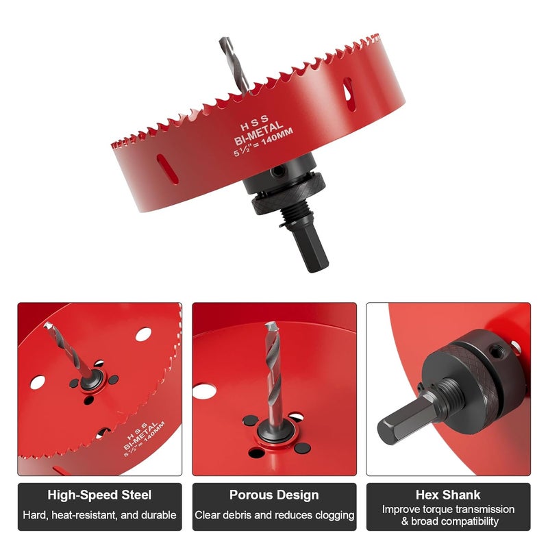 FIVELAKE 5-1/2" (140mm) Bi-Metal M42 High Speed Steel Hole Saw with Pilot Drill Bit, Smooth Cutting Edge for PVC, Drywall, Wood, Plastic, Gypsum Board, Rubber, Thin Metal - Image 2